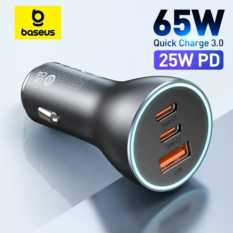 Baseus Car Charger 65W Fast Charging Triple-Port USB Type-C Phone Charger Lighter Slot Charger for Game Accessories