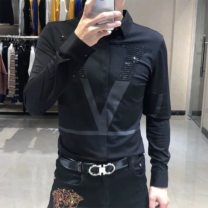 

Spring Autumn Personality Diamonds Letter Printing Shirt Hombre Long Sleeve Casual Fashion All-match Bottoming Blouse Men Top