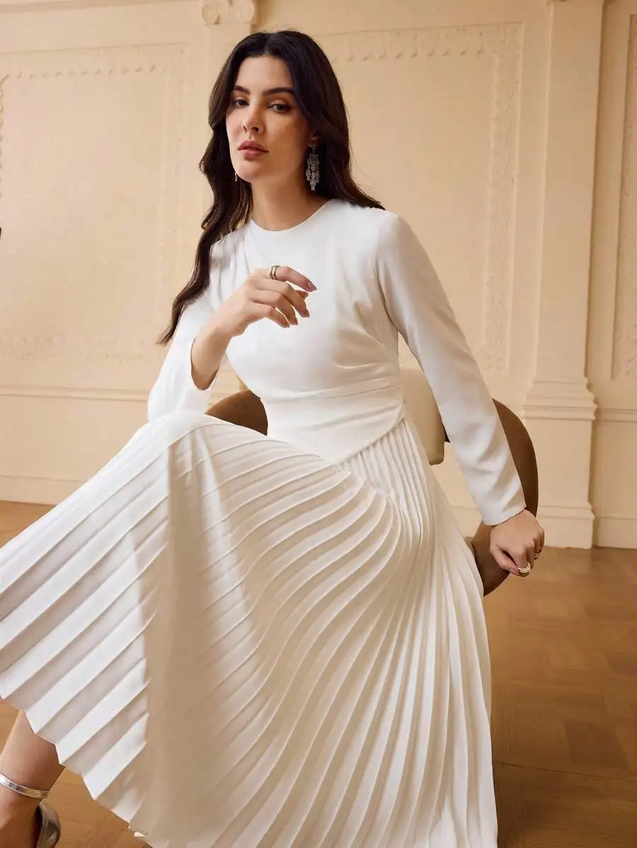 

Solid Color Pleated Ruched Round Neck Long Sleeve Elegant Women Dress