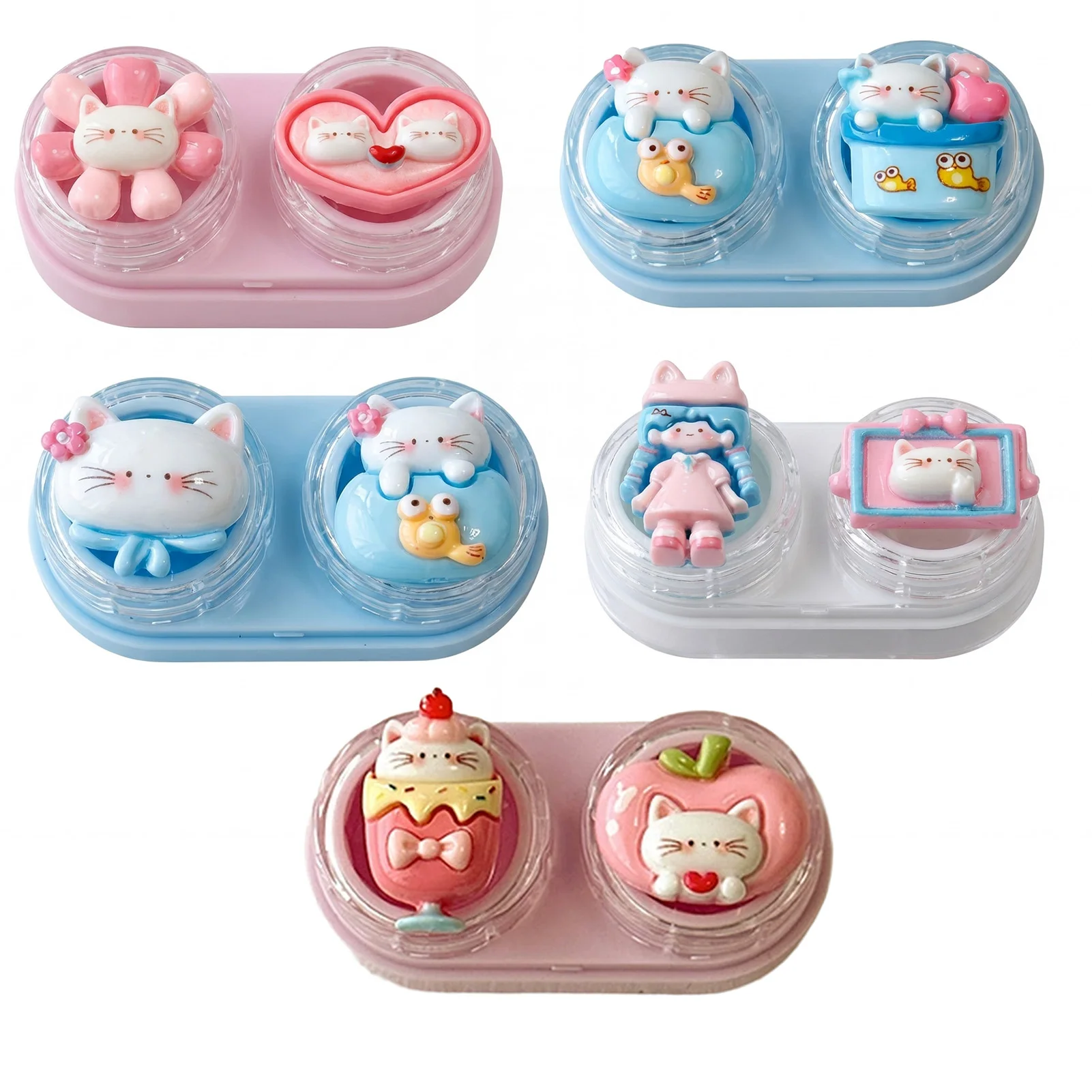 Cartoon Cat Portable Drawer Style Contact Lens Case ABS Material With Tweezers And Suction Tool For Travel Home Office
