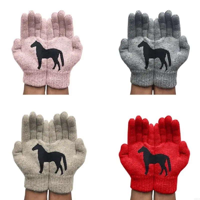 

D0UD Women Winter Thick Warm Knitted Full Fingered Gloves Funny Black Horse Irregular Patchwork for Palm Elastic Outdoor Mitt