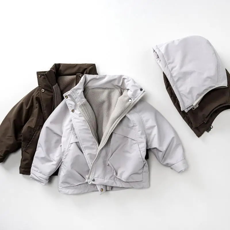 

2025 Winter New Children Plus Velvet Thick Coat Boys Warm Zipper Jackets Solid Girls Hooded Windbreaker Fashion Kids Clothes