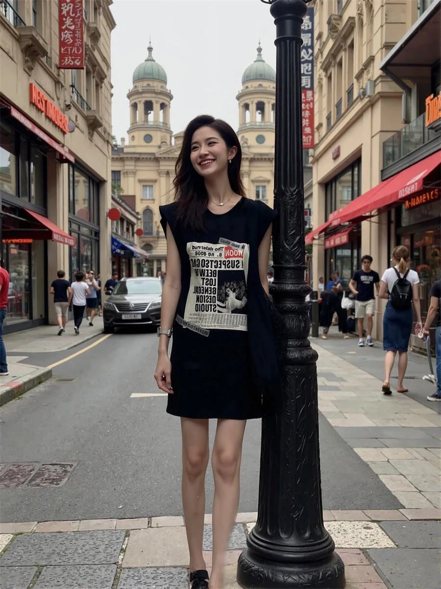 여성용 드레스 하라주쿠 트렌드 블랙 아플리케 테크웨어 헐렁한 네온 샤이니 매트 글로시 컬러 블록 다채로운 기하학적 추상화