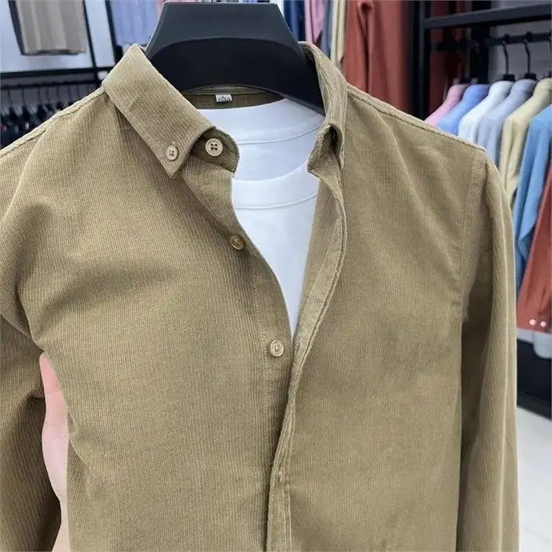 

High-End Corduroy Men's Long Sve irt Casual Workwear Simple Color Classic Fit Polyester Spring Autumn Faion
