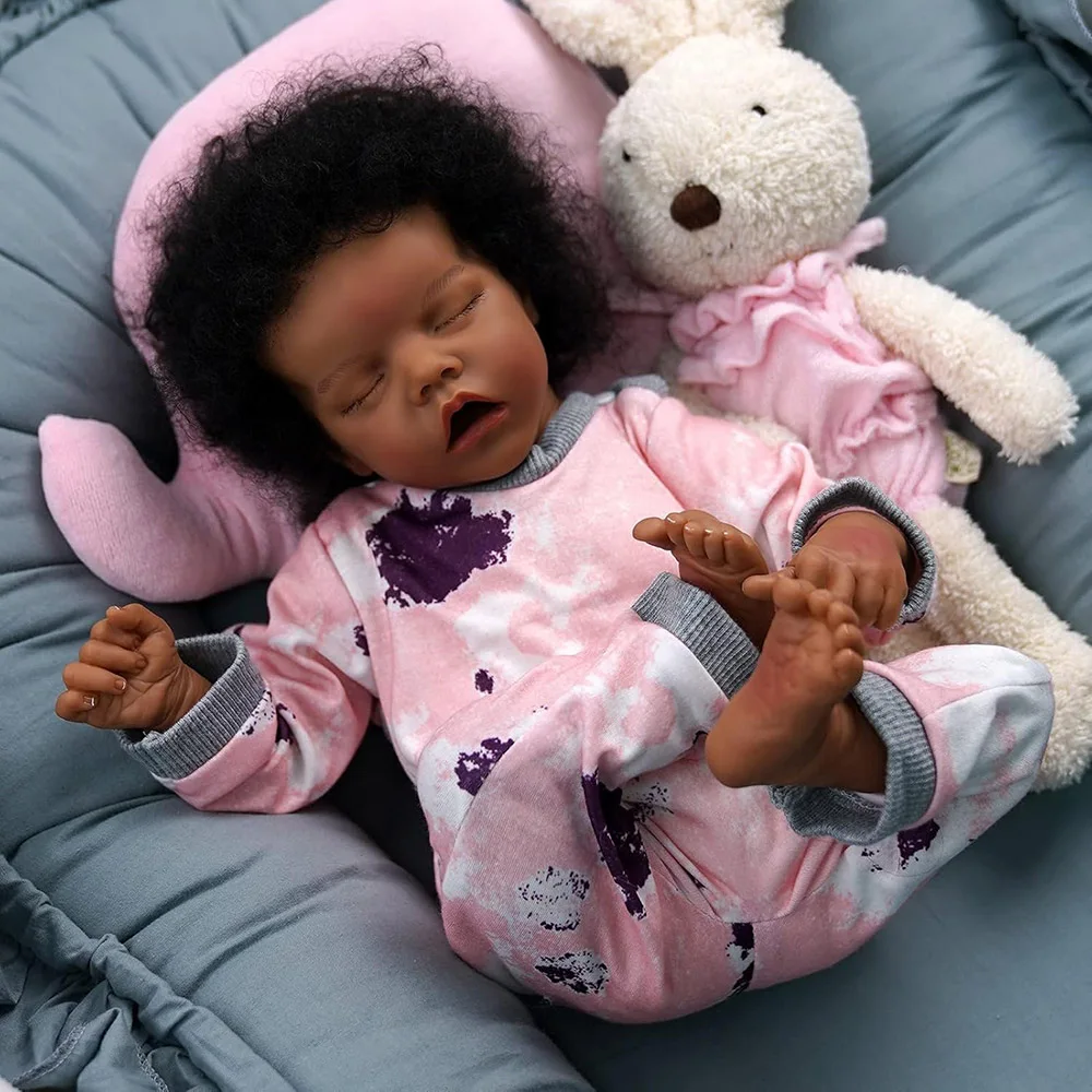 Lifelike Baby Doll Reborn Finished Silicone Full Body Darkskin Babies Girl Alive Rooted Hair Like Real Sleeping African American