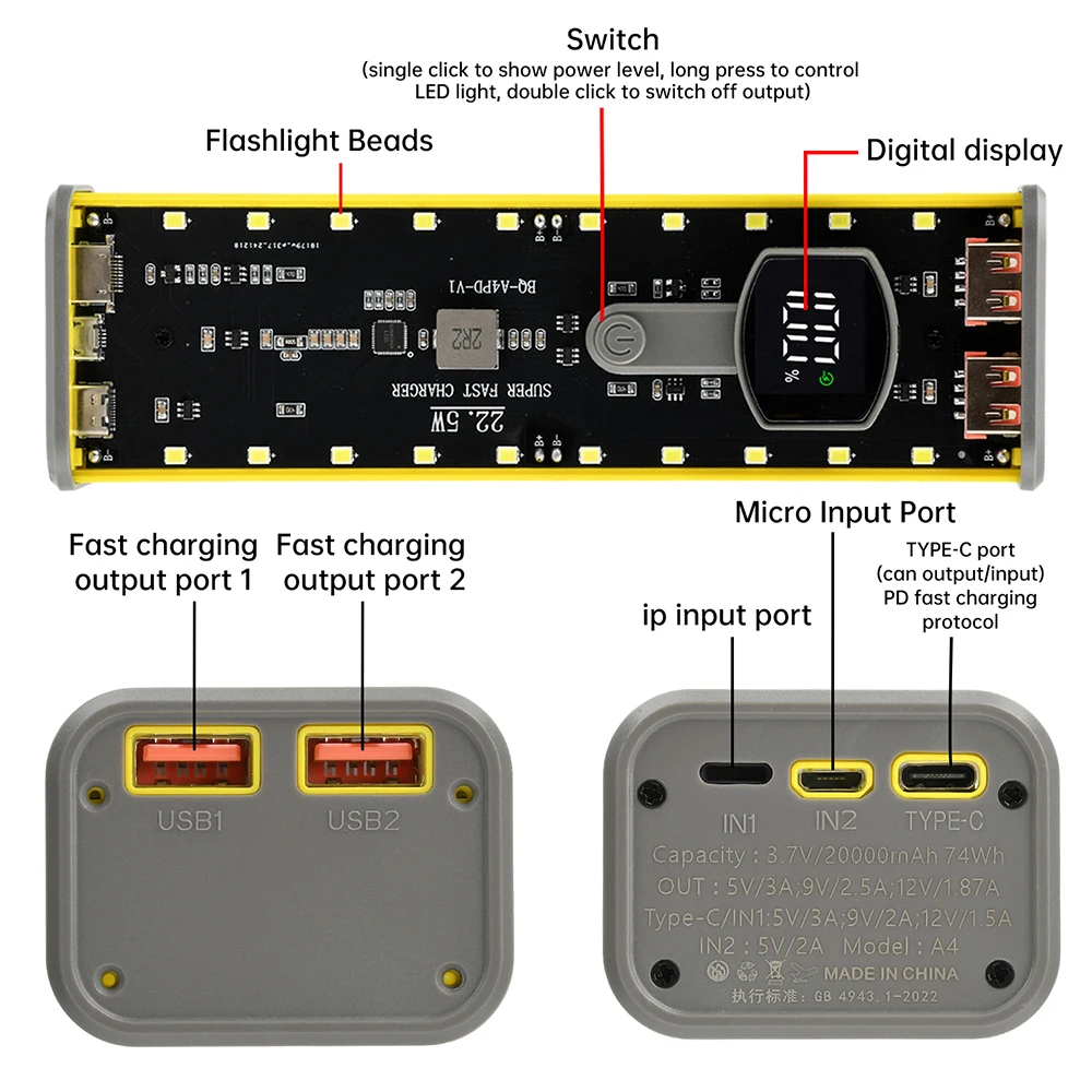لتقوم بها بنفسك 4*21700 المزدوج USB قوة البنك مع تعديل سطوع الضوء وضع فلاش 22.5 واط PD شحن سريع صندوق تخزين البطارية