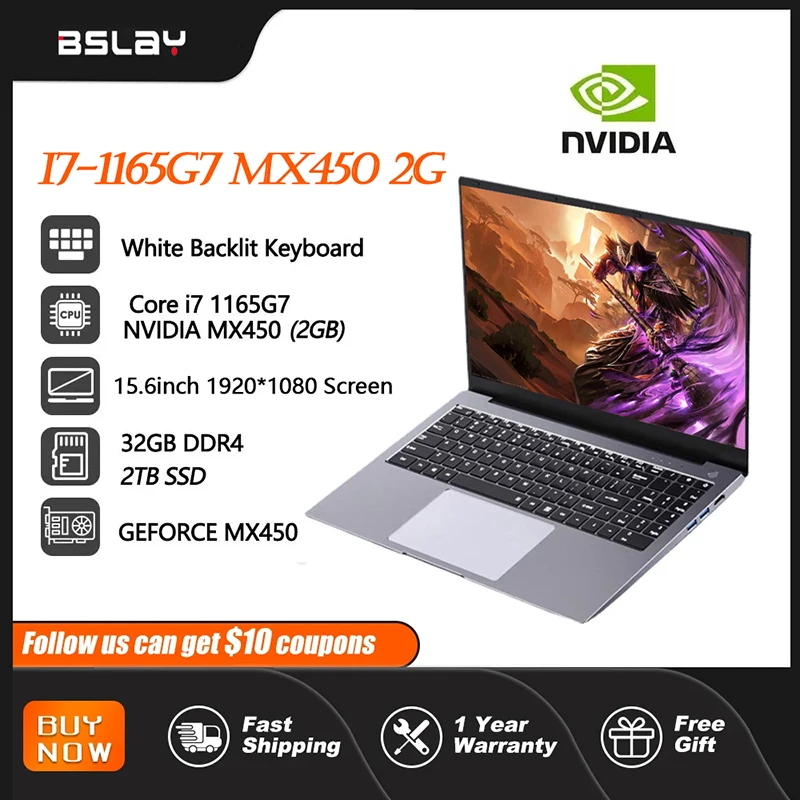 HD 카메라 지문 잠금 해제 휴대용 넷북K 노트북, 인텔 i7 1165G7 NVIDIA MX450 2G 32G RAM 2TB SSD DDR4 윈도우 11, 15.6 인치 