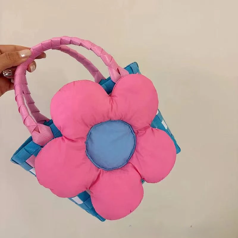 Bolsa de flor tecida à mão com bolsa de mão, bolsa de fábrica coreana, bolsa de aniversário e feriado, azul e rosa