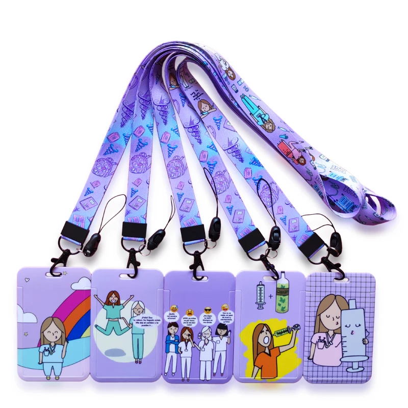 

Doctor Nurse Purple Lanyards ID Card Holder Hospital Badge Holders Hang Rope Lanyard Amusing Card Case Girls Retractable Clip