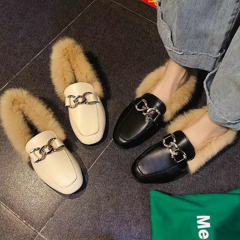 Spring Autumn Women Flat Loafers Luxury Fur Light Slip-on Casual Shoes Plush Leather Shoes British Modern Boots Botas De Mujer