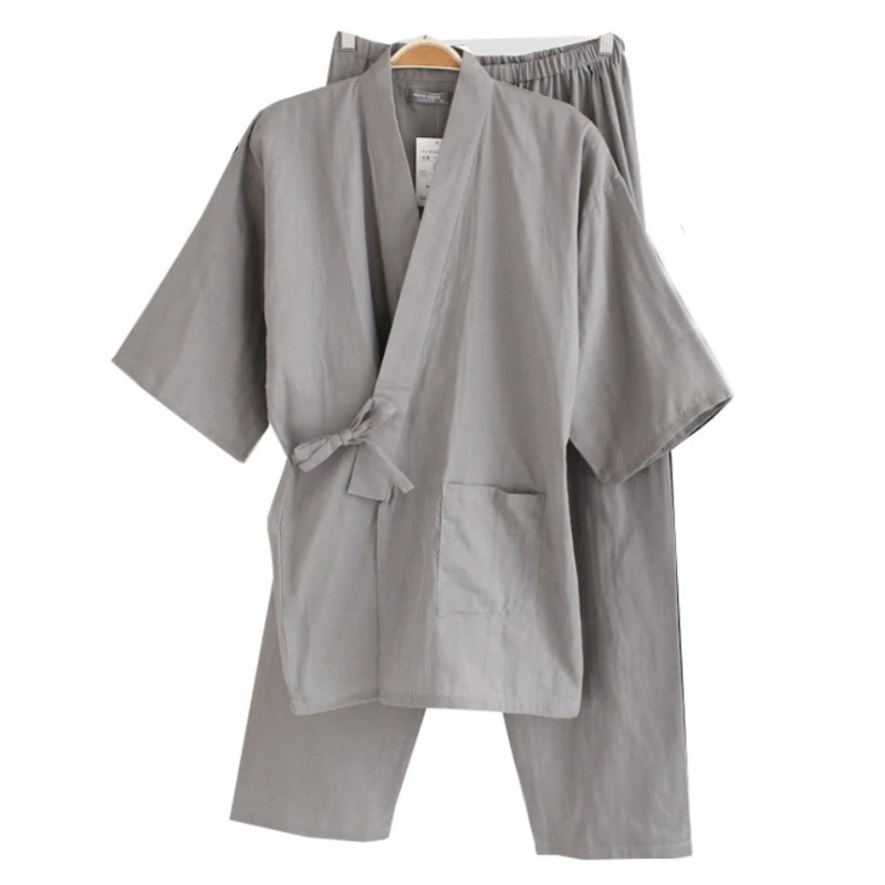 

Mens Kimono Pajama Set Cotton Double Layer Gauze Loungewear Suit Long Sleeve Robe with Pants for Spring Autumn Homewear Spa