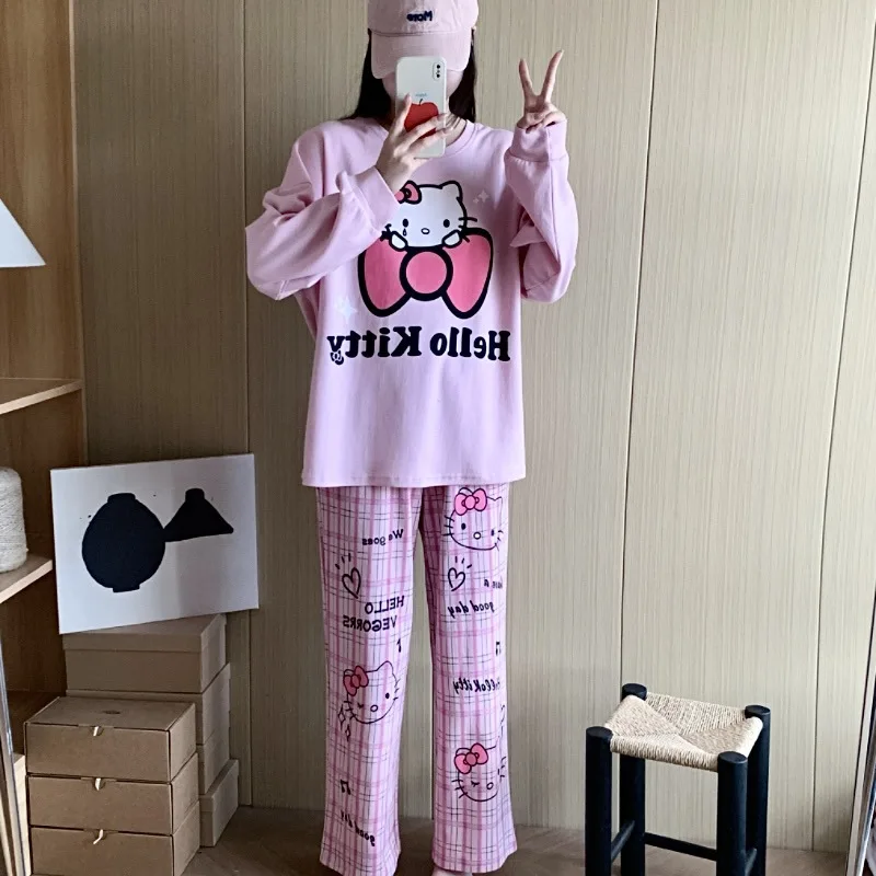 Kawaii Sanrios Hellokitty Cute Long-Sleeved Pajamas Girls Sweatshirt Loose Outer Wear Sweet Cartoon Couple Casual Home Wear Set