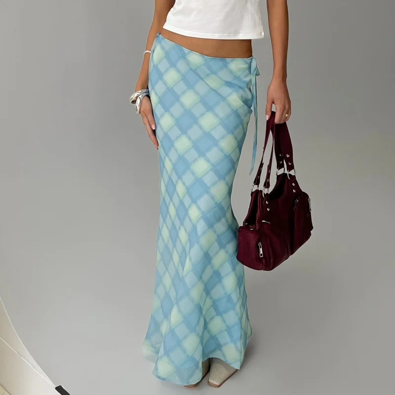 

Y2k Vintage Plaid Color Block Skirt Summer Chic Cute Midi Skirt Tie up High Waist Package Hip Skirt Slim Fit Skirt Streetwear
