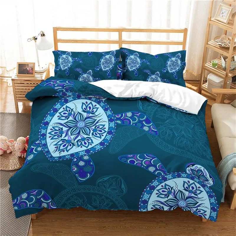 Sea Turtle Duvet Cover Ocean 3D Corals Fishes Hawaii Tortoise Print Bedding Set For Kids Boys Sealife Theme Mediterranean Style