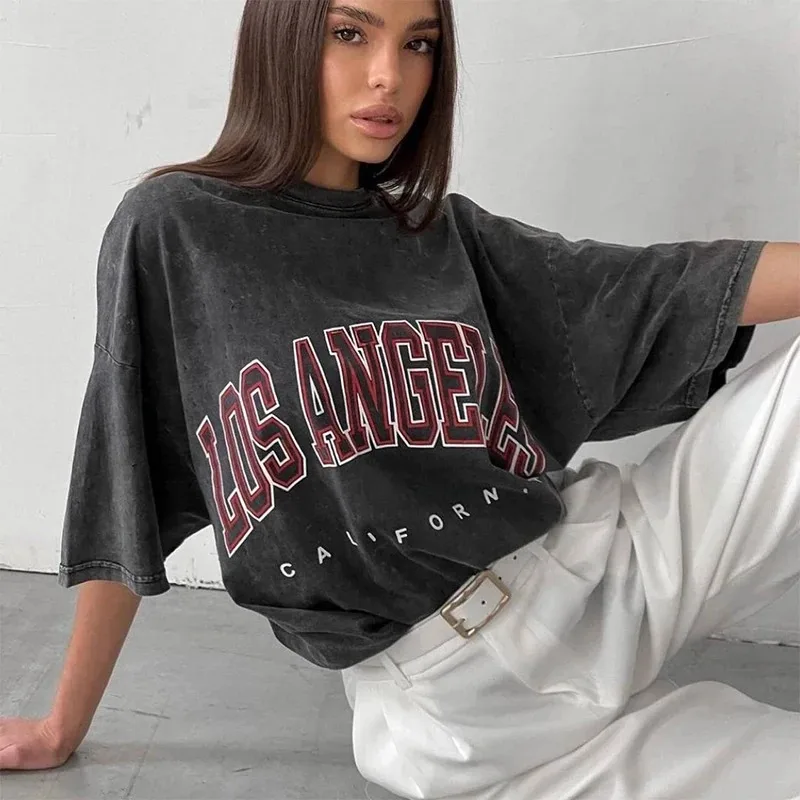 Hirsionsan Acid Washed T Shirt Women Vintage Cotton T-shirts Streetwear Soft Mineral Tees Girl Loose Luxury Brand Tops Y2k