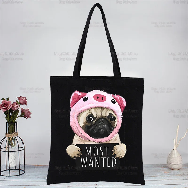 Pug Dog Harajuku Canvas Women's College Ulzzang Black Large Animal Pet Cartoon Capacity Casual Fashion Shoulder Bags