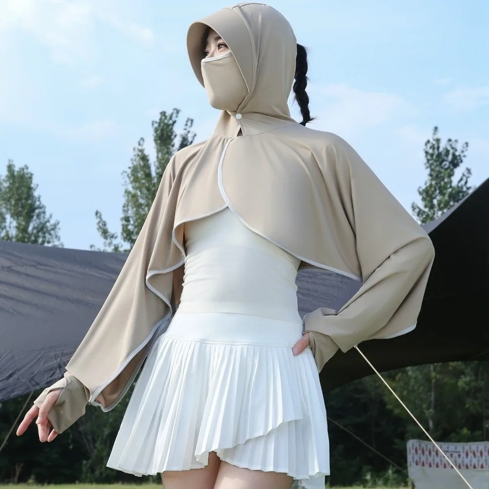 

Ice Silk 3 in 1 Sunscreen Hoodie Solid Color Long Sleeve Facemask Hat Sunscreen Shawl Loose Fit UV Protection