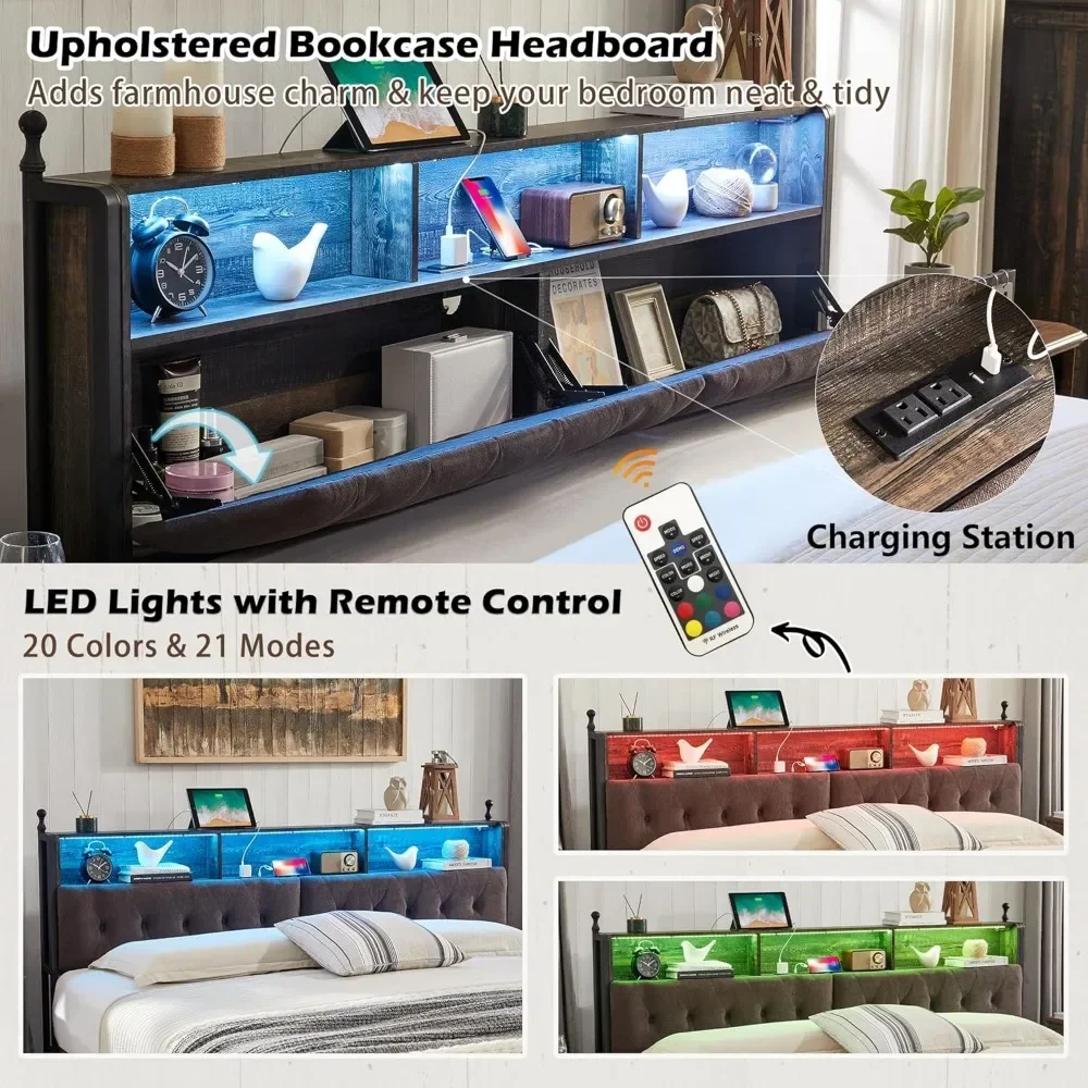 Grand cadre de lit avec coussin de rangement, planche de sauna et 4 égouts de proximité, lit à plateforme en métal de ferme avec lumières LED et station de charge