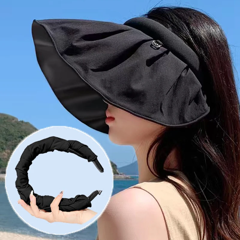 Summer Sunscreen Shell Sun Hat Women Wide Brim Foldable Visors Korean Head Band Outdoor UV Protection Beach Hair Hoop Shade Hats