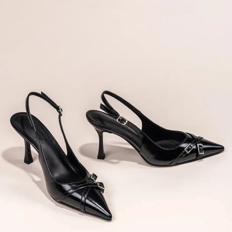 2026 New High-heeled Shoes Summer Fashionable Pointed Toe Shallow Mouth Elegant Buckle Decorated Stiletto Black Women's Sandals image 5