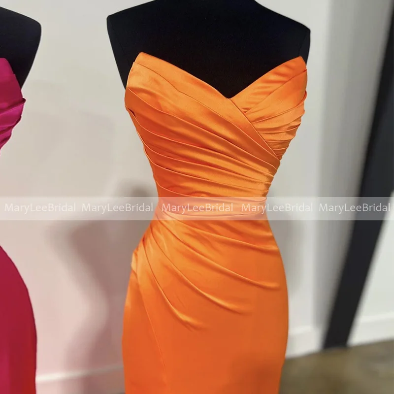 Vestidos de dama de honor de sirena naranja sin tirantes con abertura plisada, satén fucsia, vestido de fiesta de boda, vestidos de novia hechos a