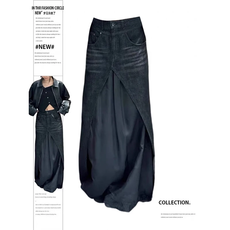 

YIBASHU женская черная джинсовая юбка средней длины винтажная джинсовая юбка с высокой талией Harajuku Y2k трапециевидные юбки оверсайз 2000-х годов одежда весна