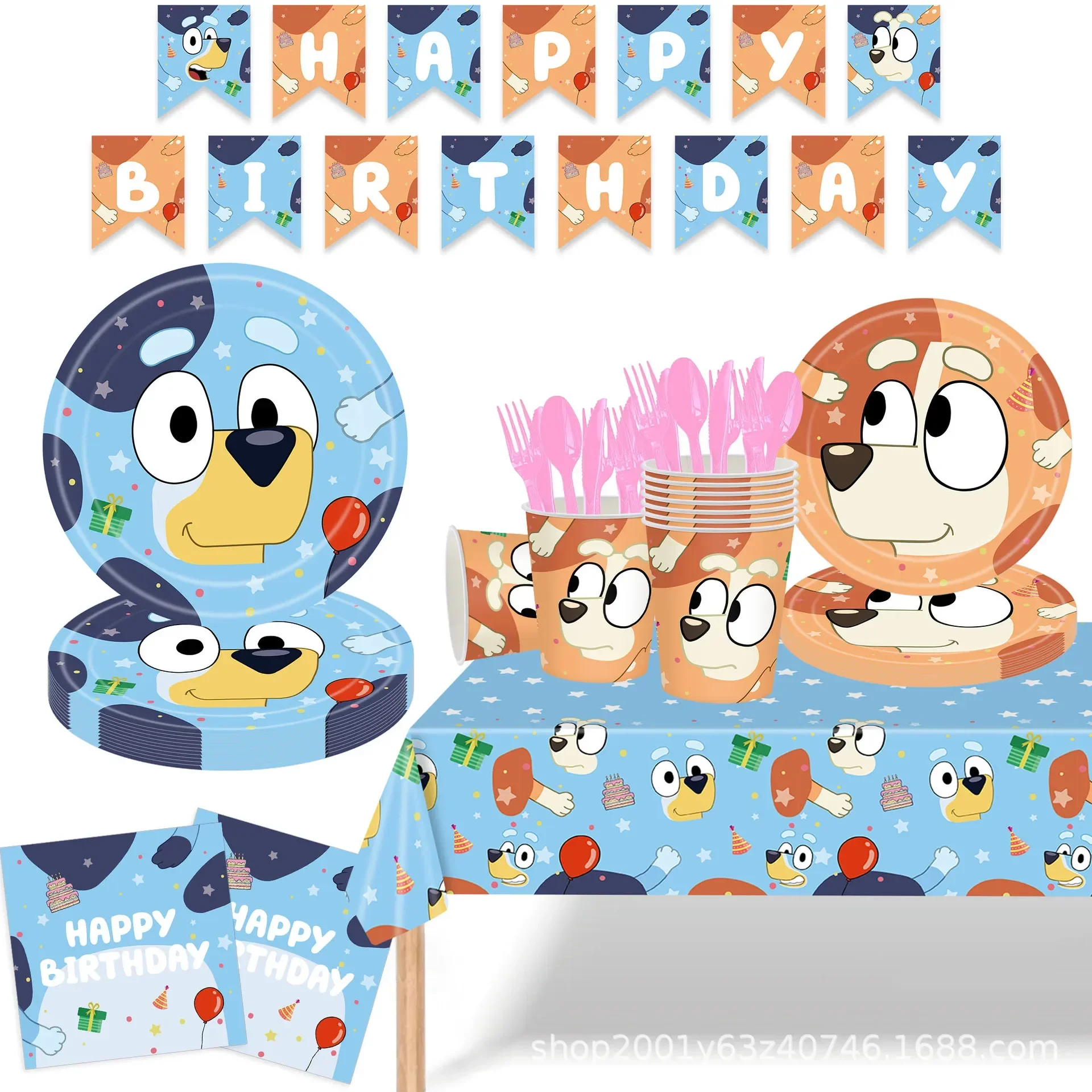 Stoviglie per cani blu Cartoon Bingos Blueys Tazze Piatti Tovaglia Bandiera Set di palloncini Tovaglia Baby Shower Forniture per feste di compleanno