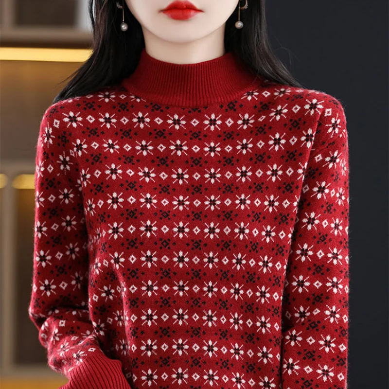 Fashion Vintage Women Half High Collar Sweater Autumn Winter Bottoming Korean Long Sleeve Versatile Casual Knit Pullover Tops