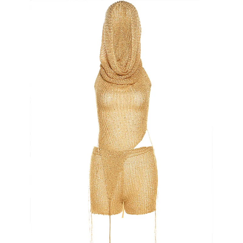 Sexy Two Piece Outfits Hole Hooded Crop Top and Mini Skirts for Women Birthday Night Club Outfit Crochet Knit Co Ord Sets