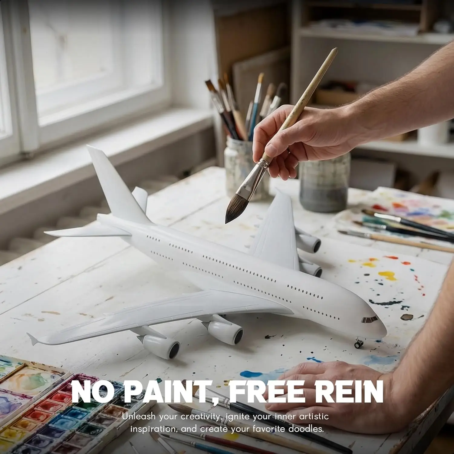 

Large Blank White DIY Airplane Model Kit Handmade Craft Toy with Stand＆LED Light for Freely Create Artistic Painting Plane Mode