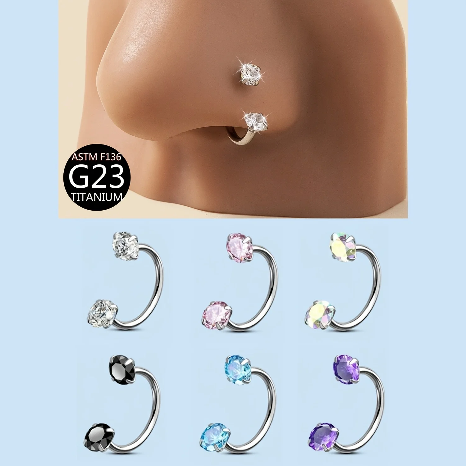 G23 Titanium Alloy Fashionable Nose Ring Embedded with Round Shiny Cubic Zirconia,  20G Horse Shoe Earring Lip Ring Eyebrow Ring