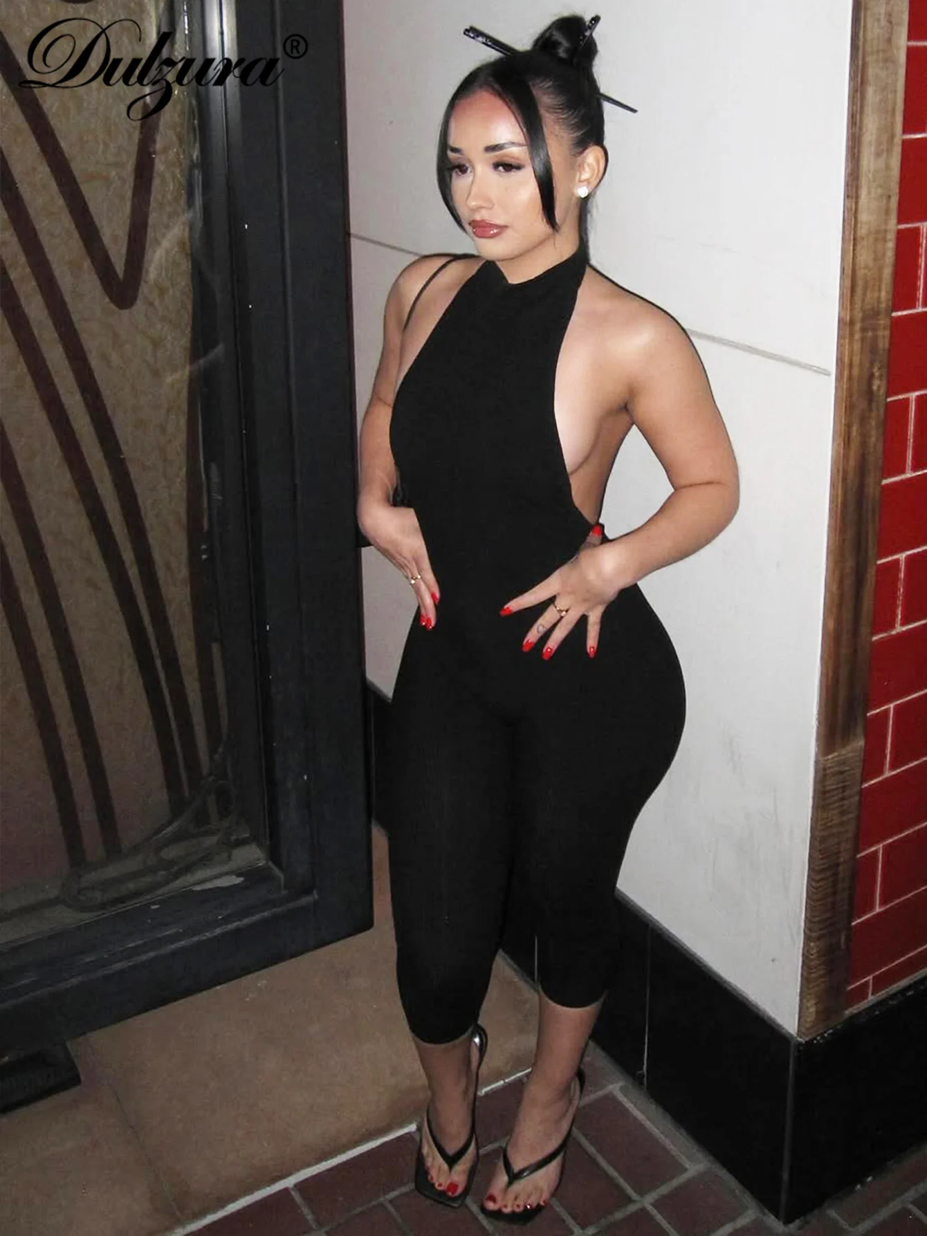 Dulzura สตรี Halter Backless Ribbed Single Breasted Jumpsuit เซ็กซี่ Casual Romper Party Club Street เสื้อผ้า