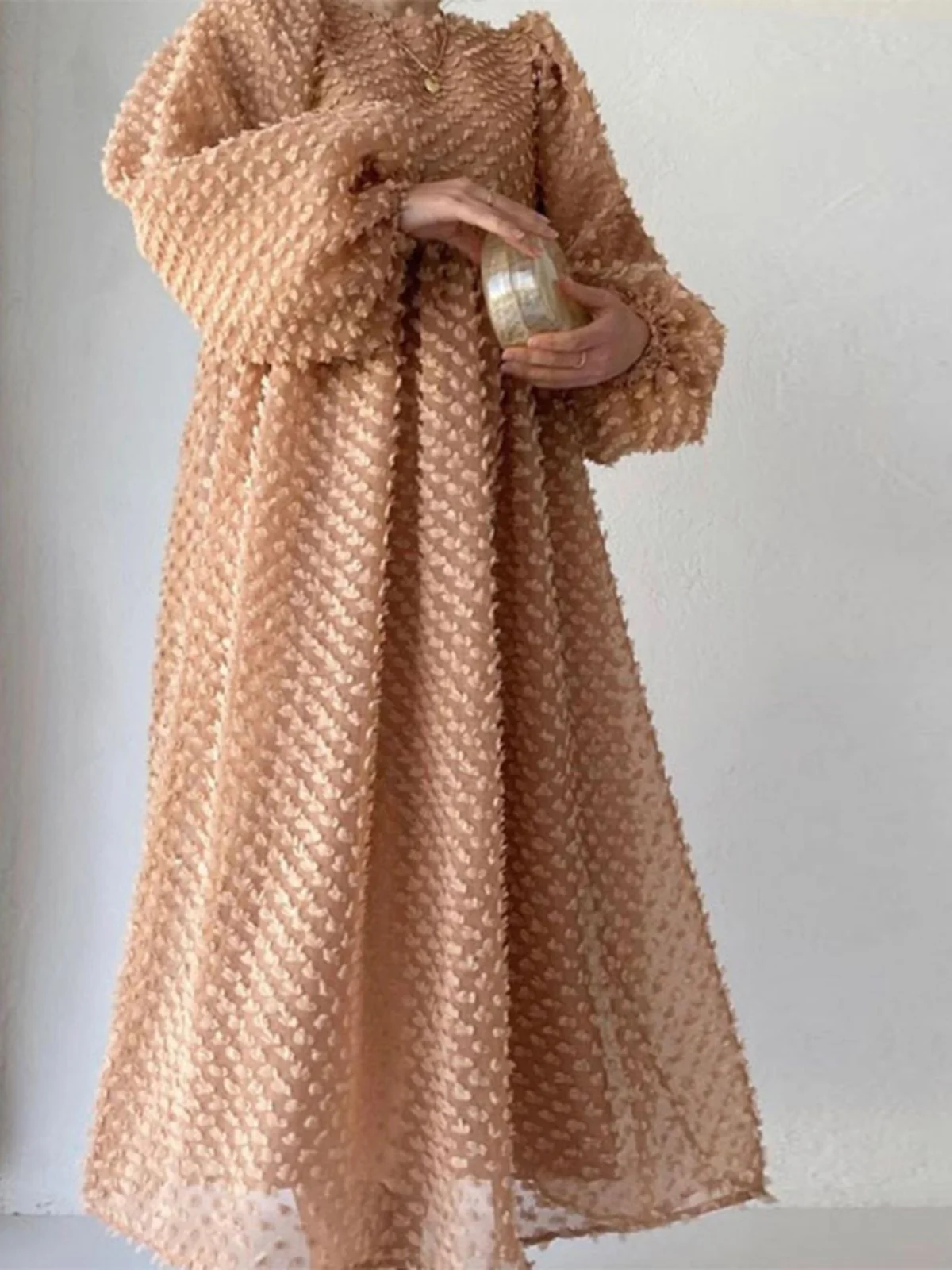 뉴 패션 라지 스윙 드레스 블랙 여성용 단색 라운드 넥 랜턴 슬리브 롱 크로스보더 드레스