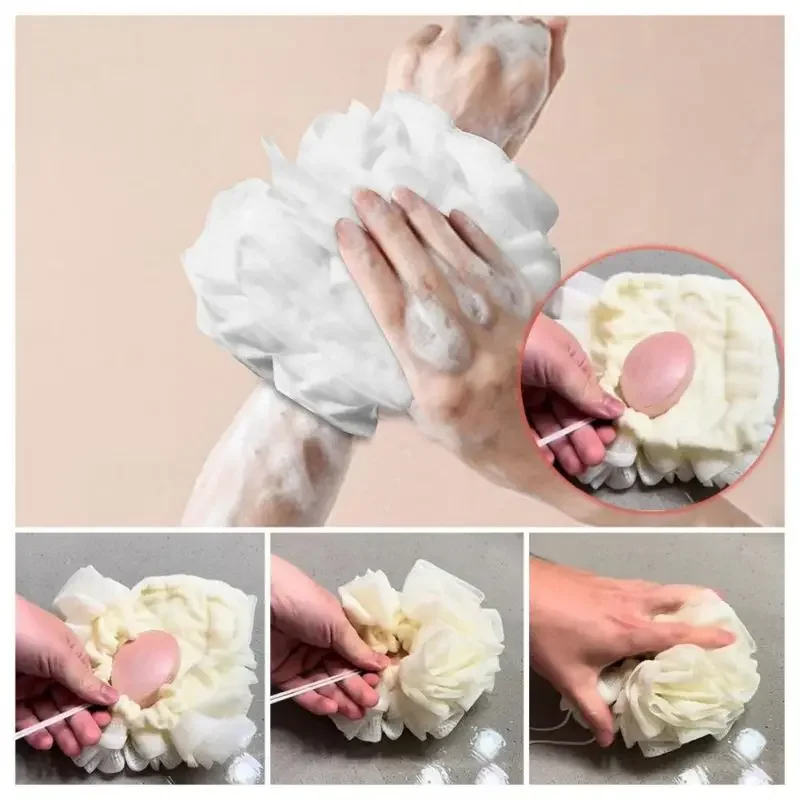 2-in-1 Shower Sponge Sponge Multi-purpose Exfoliating Shower Ball Soft Cotton with Drawstring Shower Flower/ball/wipes