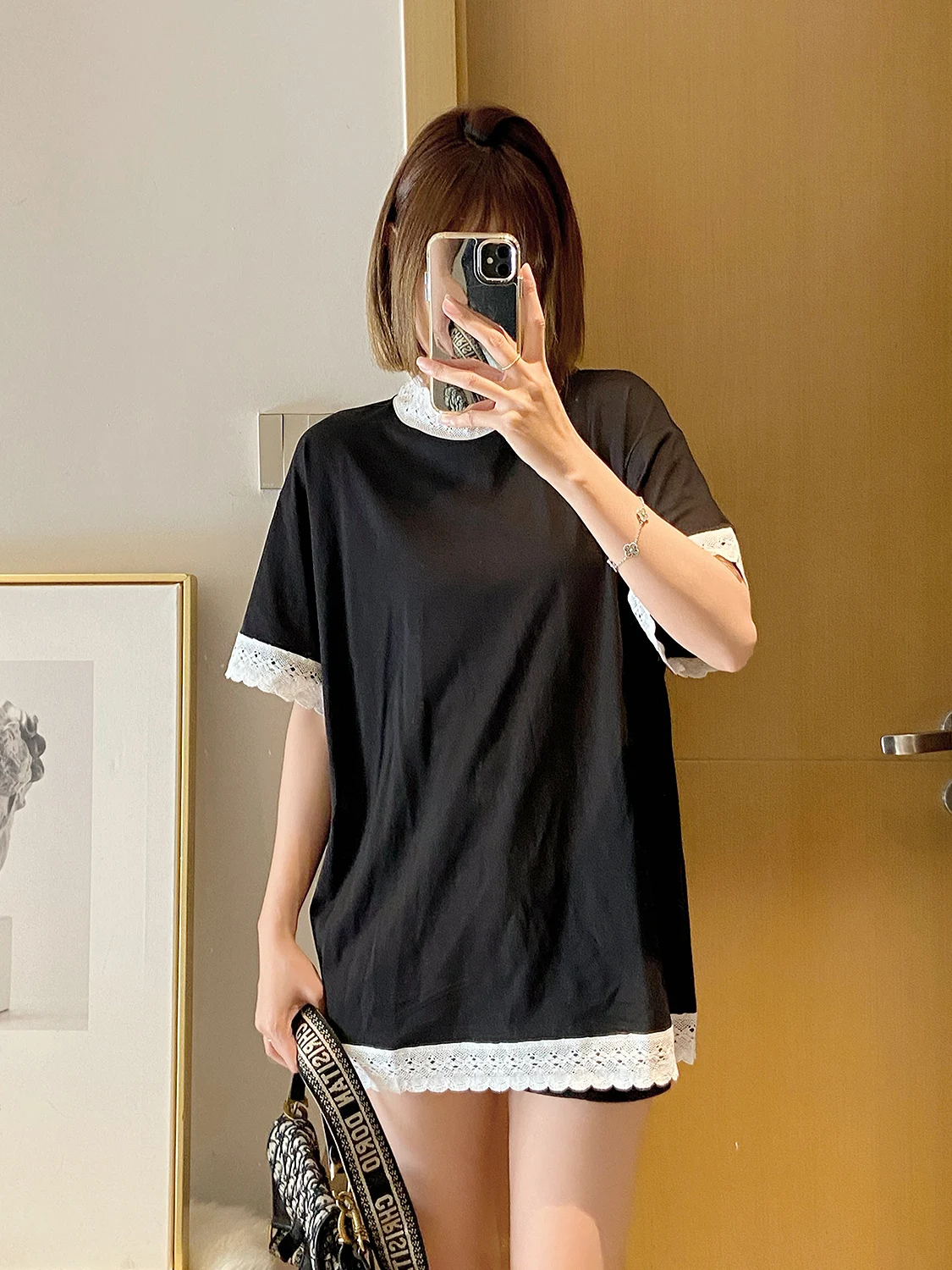 

Свободная повседневная женская футболка с коротким рукавом и круглым вырезом, больших размеров, черная, универсальная, весна 2025, новая модель, удобная, в стиле lazy style