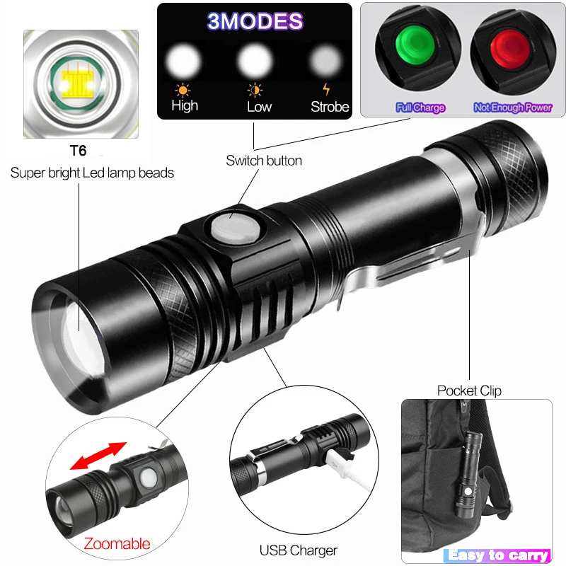 LED Flashlight High Super Bright 3 Modes Zoomable Torch Lantern XHP70 Flashlight Powered by High Power 26650 Battery