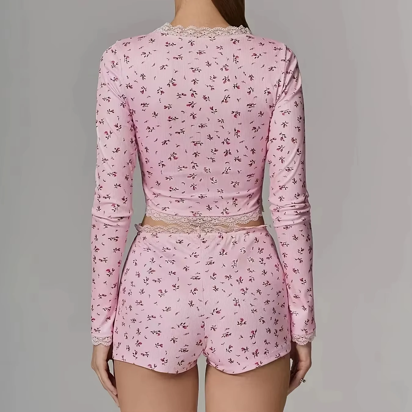 Sexy Damen-Pyjama-Set mit Blumenmuster, Sommer-Langarm-Oberteil und Shorts, 2-teiliges Schlafanzug-Set für Frauen, lässiger Skinny-Anzug für Zuhause – Detail 8