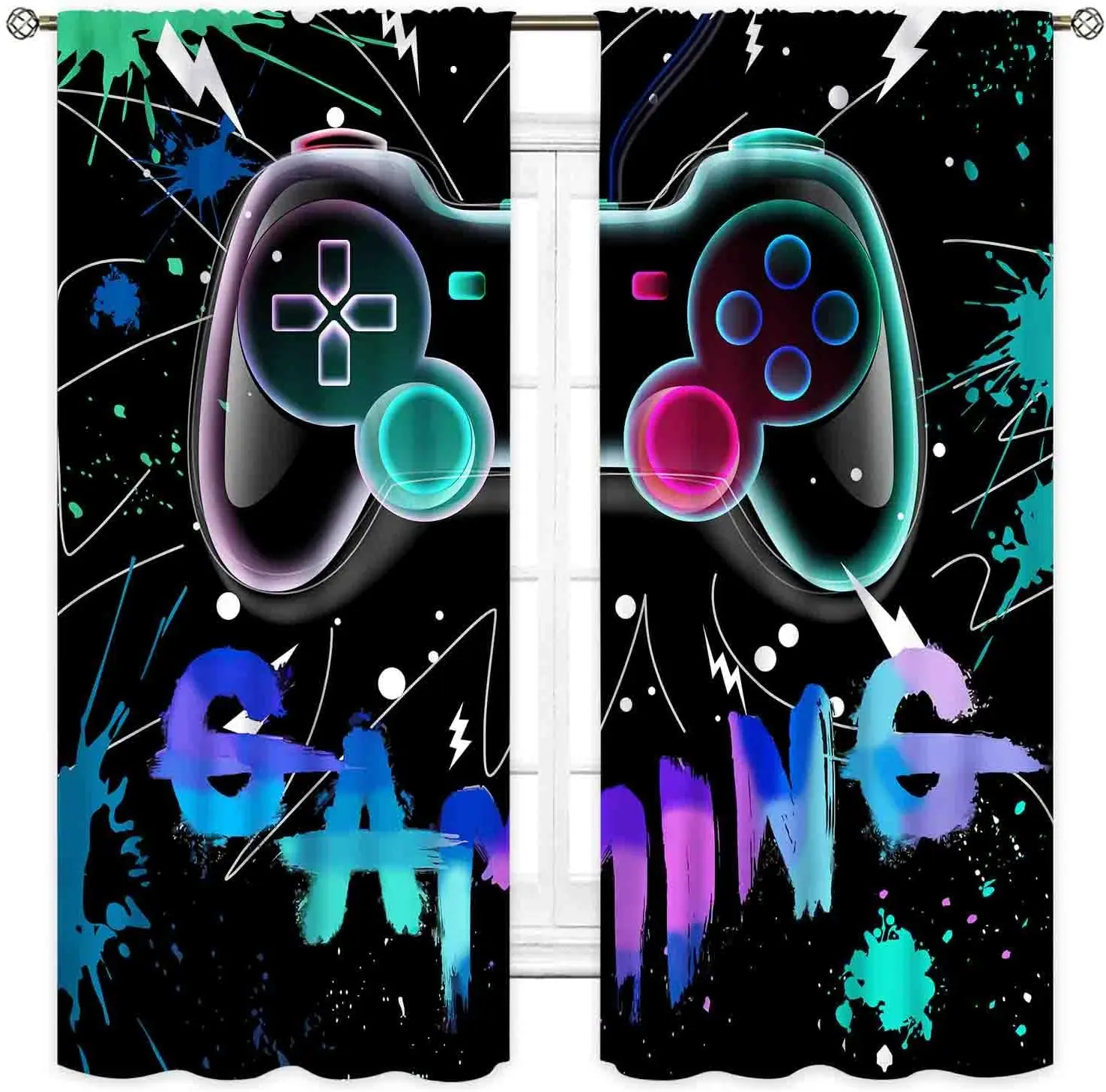 Gaming Graffiti Curtains for Kids Room, Colorful Gamepad Printed Drapes with Rod Pocket, Cool Video Game Window Treatments
