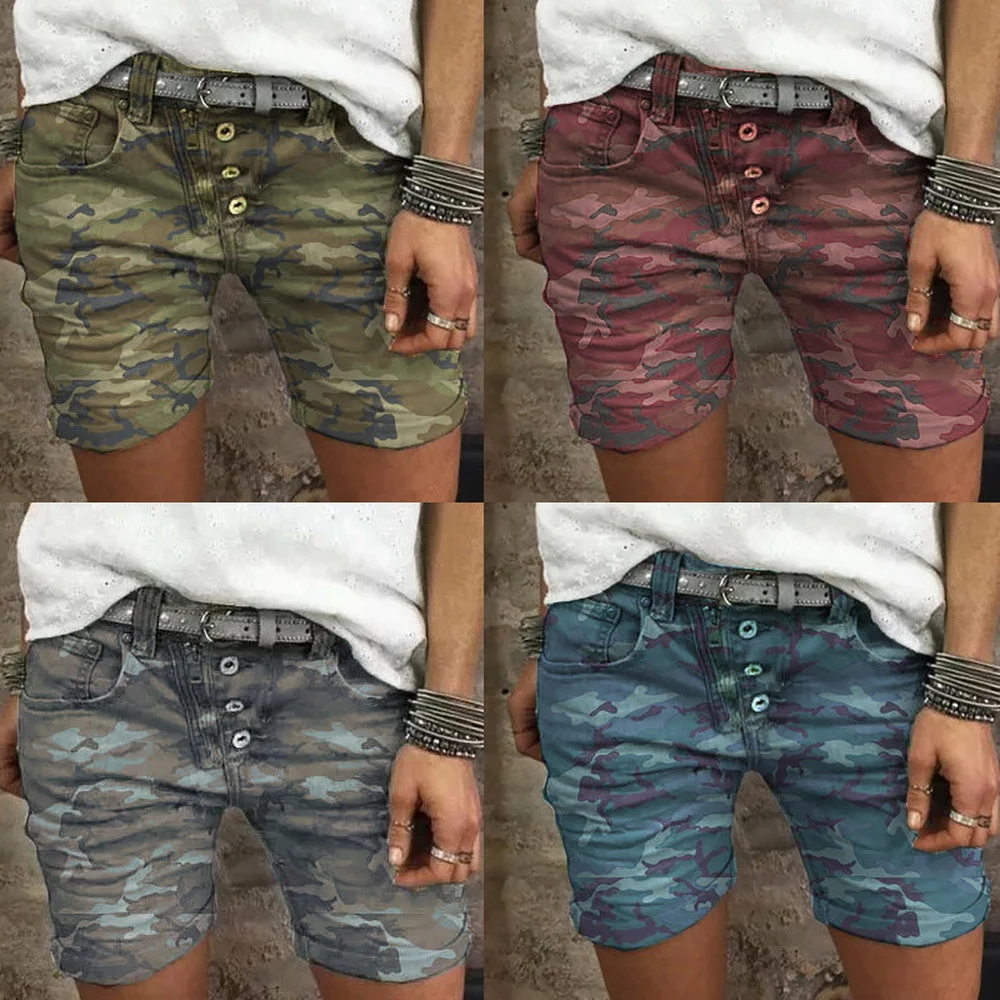 Women Summer Denim Shorts Slim Stretch Camouflage Jeans Shorts Ladies Casual Short Pants