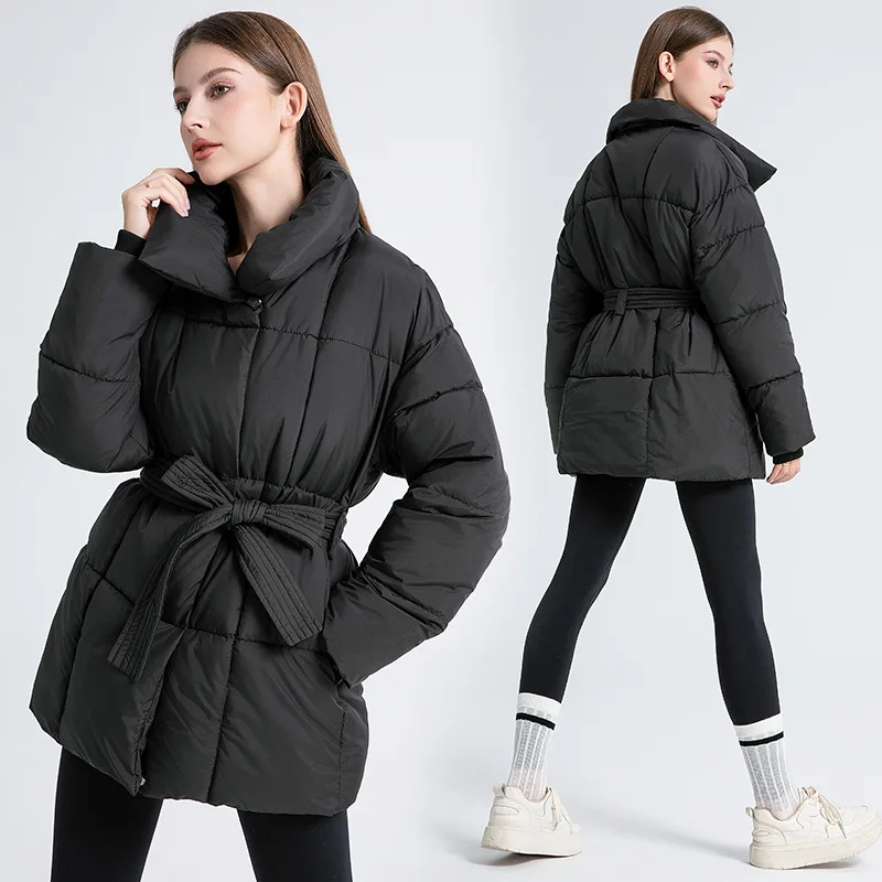 Advanced with Waist Cinching Tie Up Black Cotton Jacket Women's 2026 Winter New Korean Version Stand Collar Coat Female Parkas