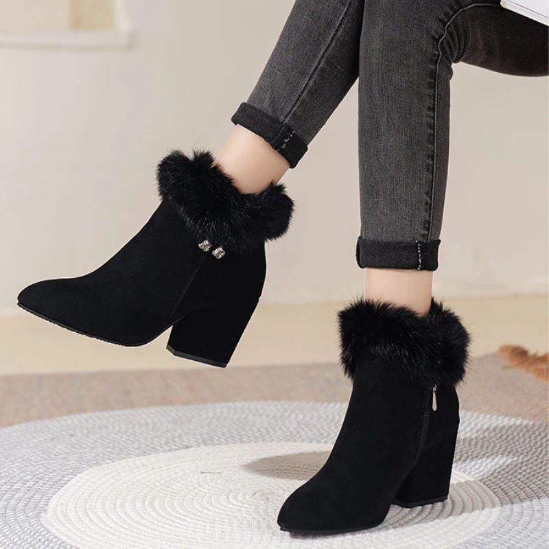 Women High Heels Shoes Platform Fur Crystal Tassels Chelsea Ankle Boots Winter 2024 New Trend Warm Short Cotton Goth Snow Boots