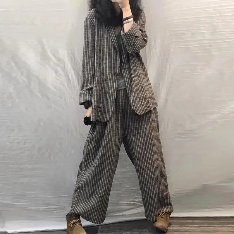 2023 Spring Autumn Women Suit Large Size Casual Suits Fashion Art Retro Loose 2 Piece Set Women Suit Blazer and Pants Linen Set