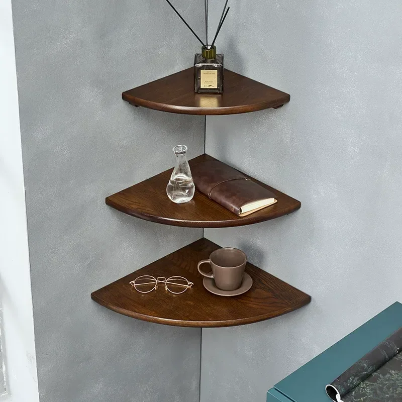 Solid Wood Fan Shaped Corner Shelf Wall Mounted Triangle Rack for Wardrobe Kitchen Right Angle Storage Decorative Hanging