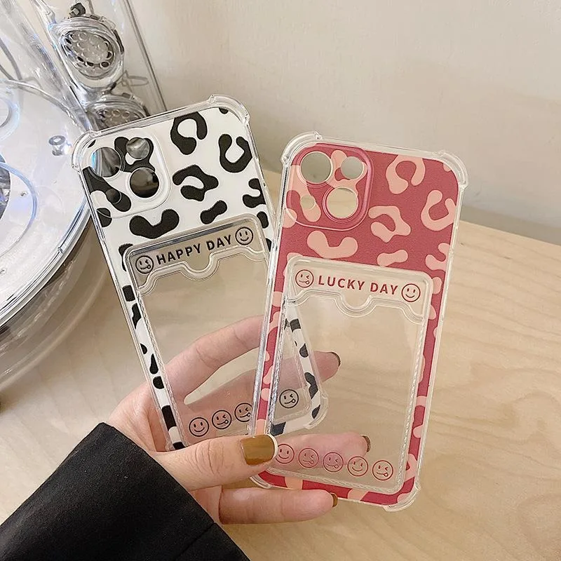 Cute lucky flower pattern Soft Card Bag Phone Case For iPhone 15 14 13 12 11 Pro Max Mini X XS XR Plus Wallet Transparent Cover