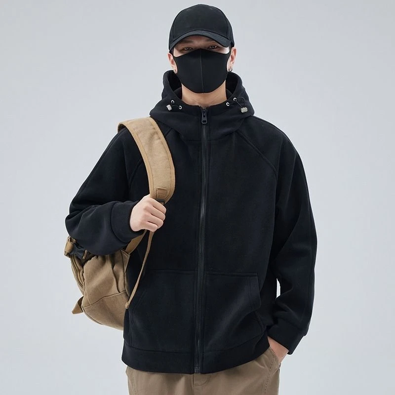 

Men's Thickened Fleece Lined Hooded Zip Up Sweatshirt Solid Color Korean Style Spring Autumn Winter Outerwear