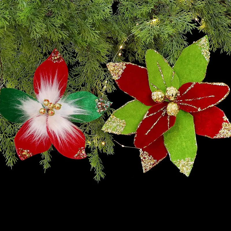 

Artificial Christmas Flowers Christmas Tree Decorations for Home Xmas Ornaments New Year Decor Red Gold Sequins Fake Flowers