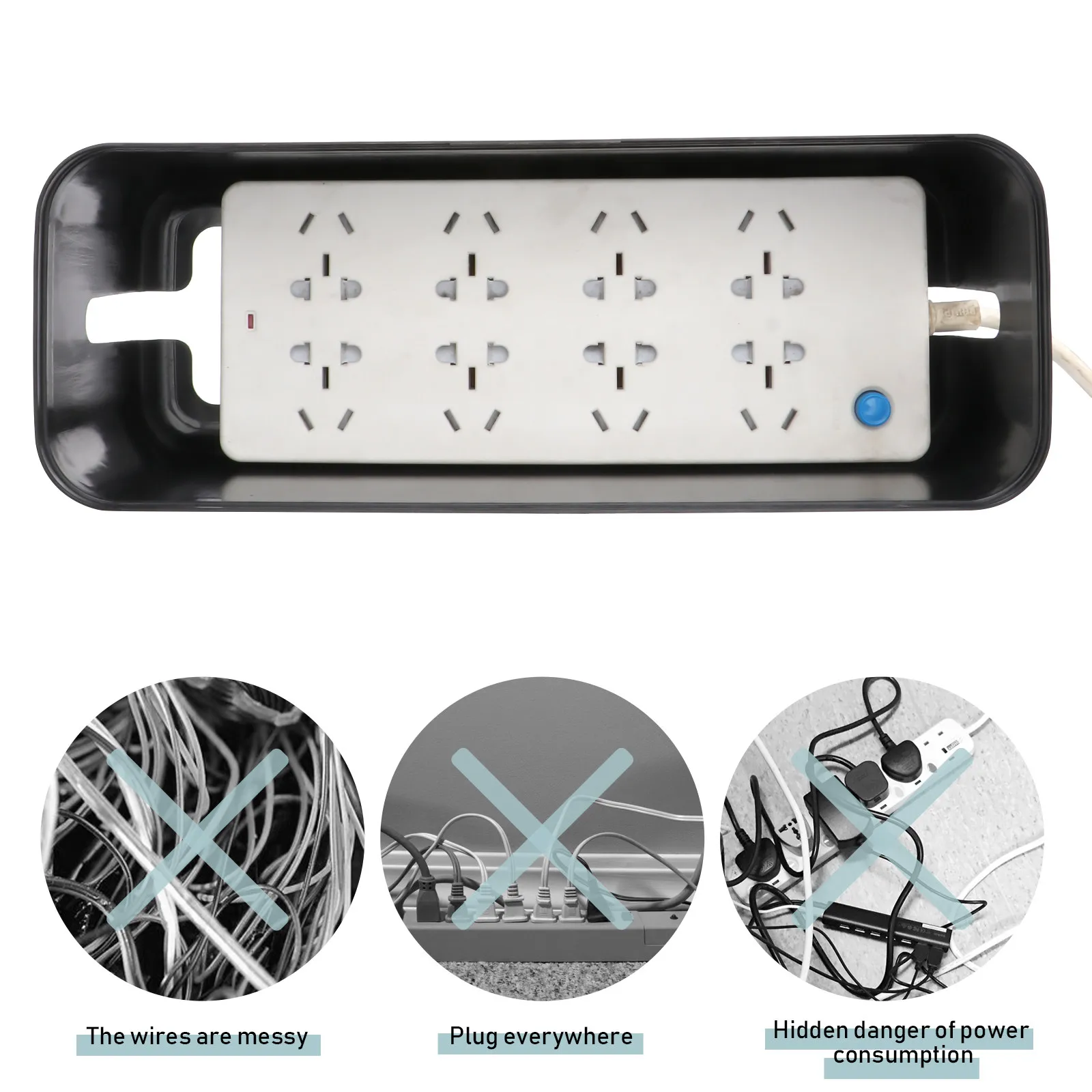 Black Cable Management Box with Wooden Cover Plastic Cord Hider Storage Container for Power Strips Adapters Splitters Cables view 5