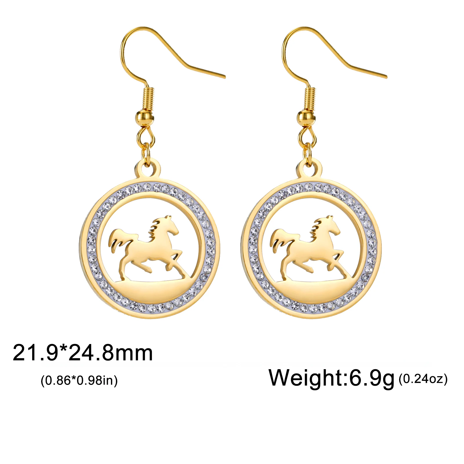 Skyrim Cool Running Horse Drop Earrings Women Girls Stainless Steel Clear Zircon Round Earrings Gold Color Animal Jewelry Gift