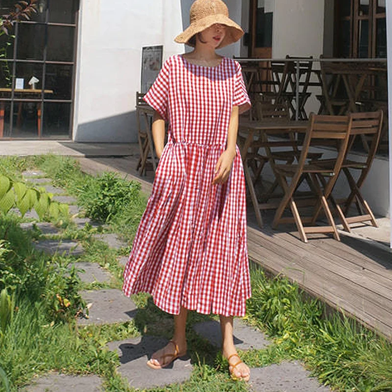 Johnature Women Plaid Dresses 2024 Summer New O-neck Short Sleeve Casual Korean Loose Pockets Simple Dress