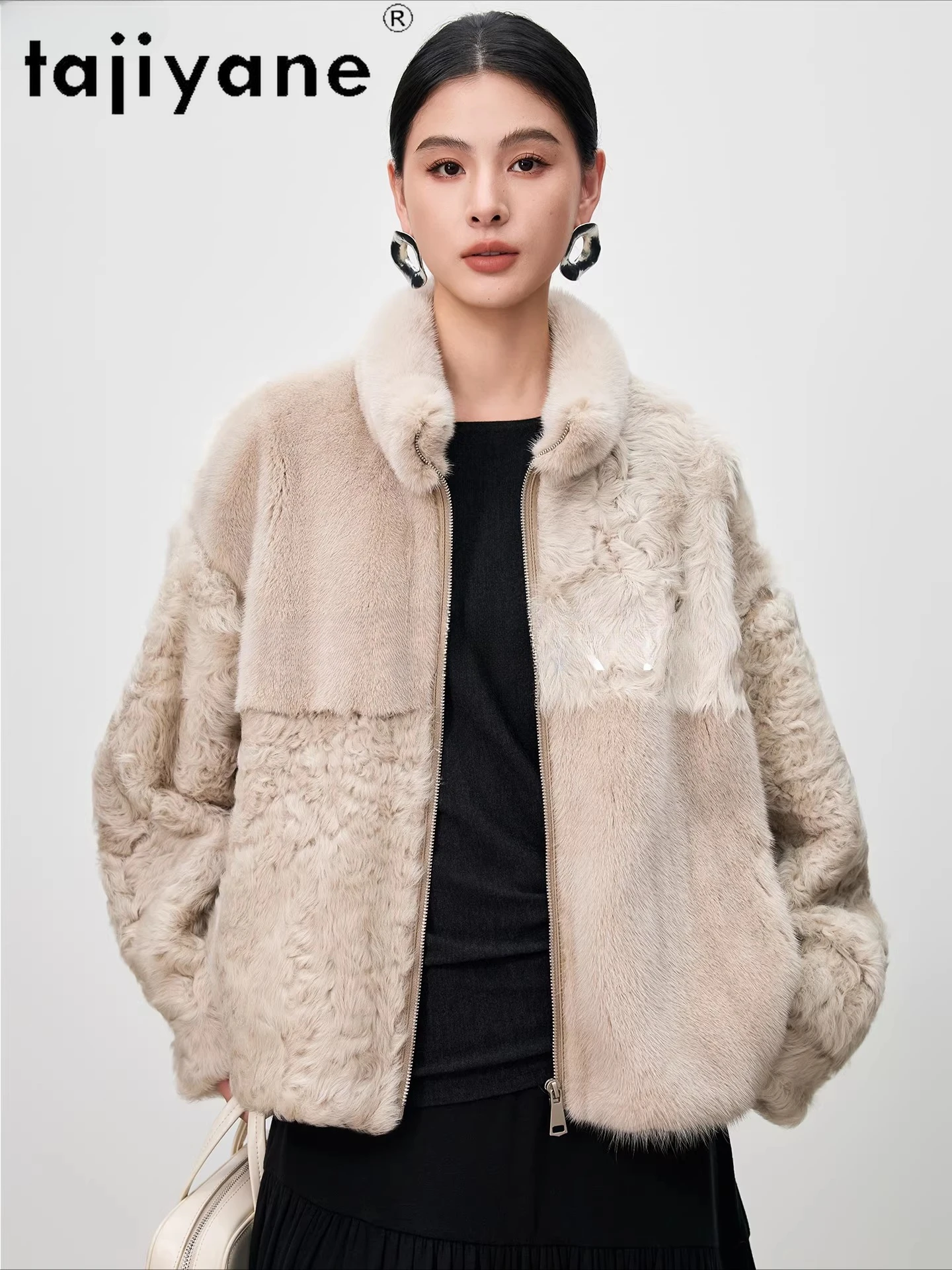 TAJIYANE Visone Impiombato con Pelliccia di Pecora Giubbotti Donna Colletto alla coreana Breve Giacca di Pelliccia Reale Abbigliamento Donna Inverno Nuovo in Cappotto Шуба